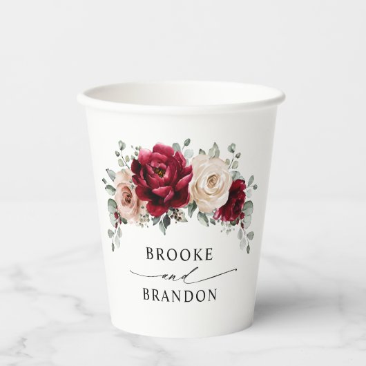 Burgundy Champagne Ivory Mauve Roos Floral Wedding Papieren Bekers (Voorkant)