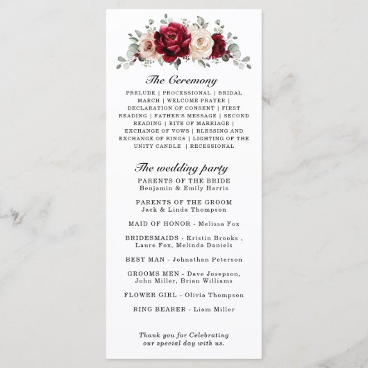 Burgundy Champagne Ivory Mauve Roos Floral Wedding Programmakaart (Achterkant)