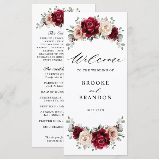 Burgundy Champagne Ivory Mauve Roos Floral Wedding Programmakaart (Voorkant / Achterkant)