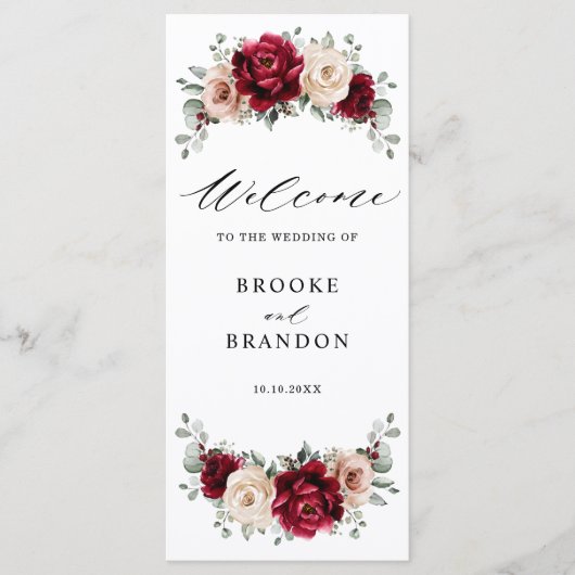 Burgundy Champagne Ivory Mauve Roos Floral Wedding Programmakaart (Voorkant)