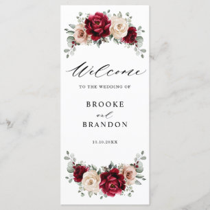 Burgundy Champagne Ivory Mauve Roos Floral Wedding Programmakaart