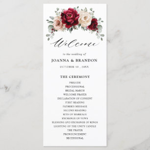 Burgundy Champagne Ivory Mauve Roos Floral Wedding Programmakaart