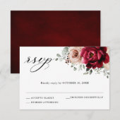 Burgundy Champagne Ivory Mauve Roos Floral Wedding RSVP Kaartje (Voorkant / Achterkant)