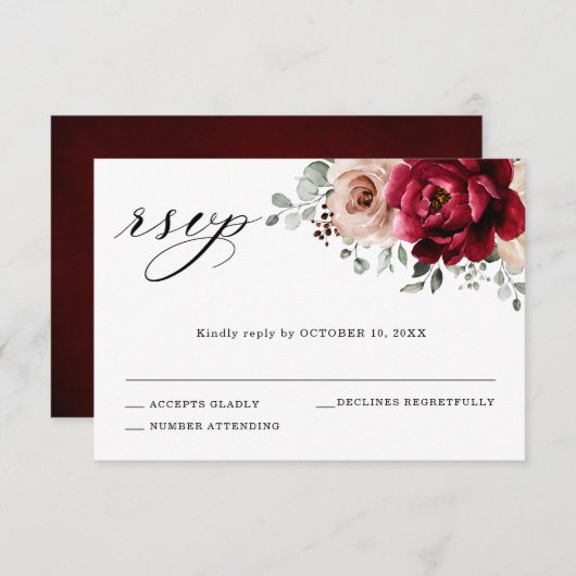Burgundy Champagne Ivory Mauve Roos Floral Wedding RSVP Kaartje (Voorkant / Achterkant)