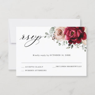 Burgundy Champagne Ivory Mauve Roos Floral Wedding RSVP Kaartje