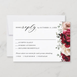 Burgundy Champagne Ivory Mauve Roos Floral Wedding RSVP Kaartje