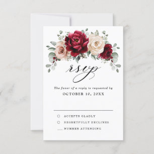Burgundy Champagne Ivory Mauve Roos Floral Wedding RSVP Kaartje