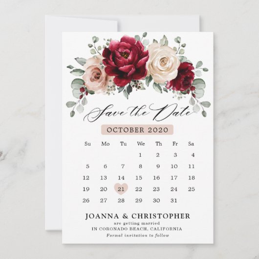 Burgundy Champagne Ivory Mauve Roos Floral Wedding Save The Date (Voorkant)