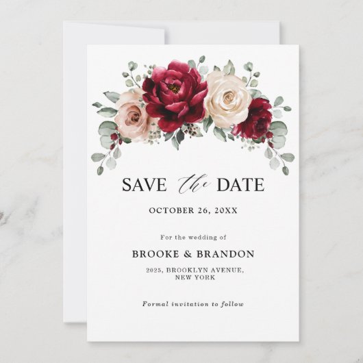 Burgundy Champagne Ivory Mauve Roos Floral Wedding Save The Date (Voorkant)