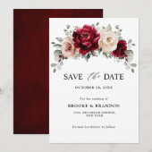 Burgundy Champagne Ivory Mauve Roos Floral Wedding Save The Date (Voorkant / Achterkant)