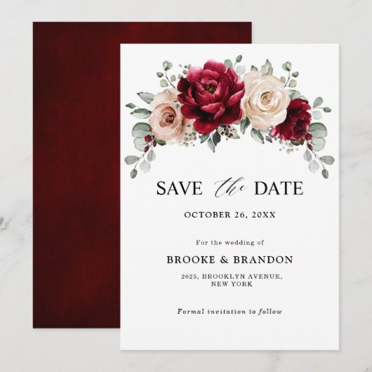 Burgundy Champagne Ivory Mauve Roos Floral Wedding Save The Date (Voorkant / Achterkant)
