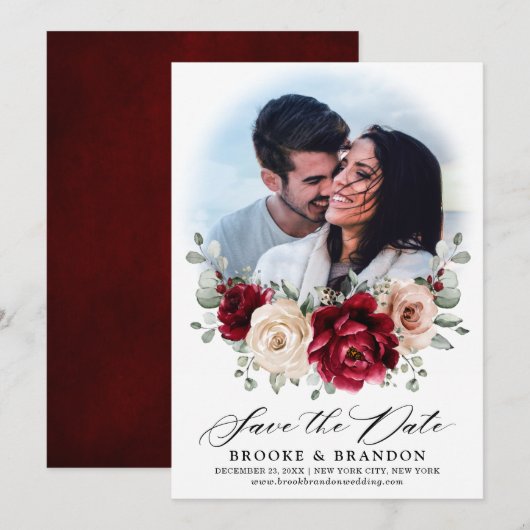 Burgundy Champagne Ivory Mauve Roos Floral Wedding Save The Date (Voorkant / Achterkant)
