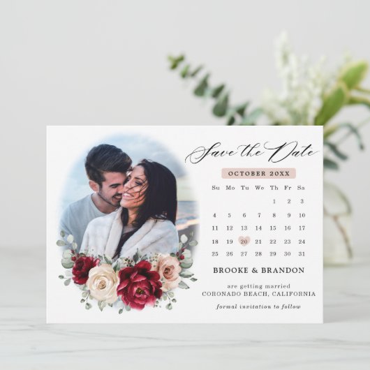 Burgundy Champagne Ivory Mauve Roos Floral Wedding Save The Date (Staand voorkant)