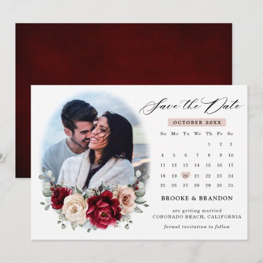 Burgundy Champagne Ivory Mauve Roos Floral Wedding Save The Date (Voorkant / Achterkant)