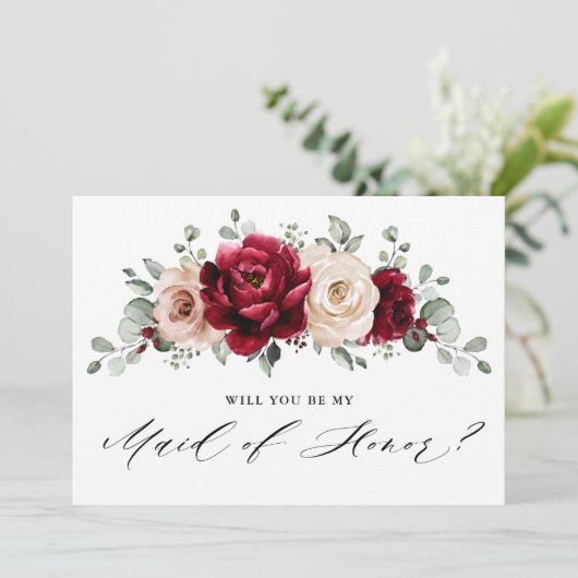 Burgundy Champagne Ivory Mauve Roos Maid of Honor Kaart (Staand voorkant)