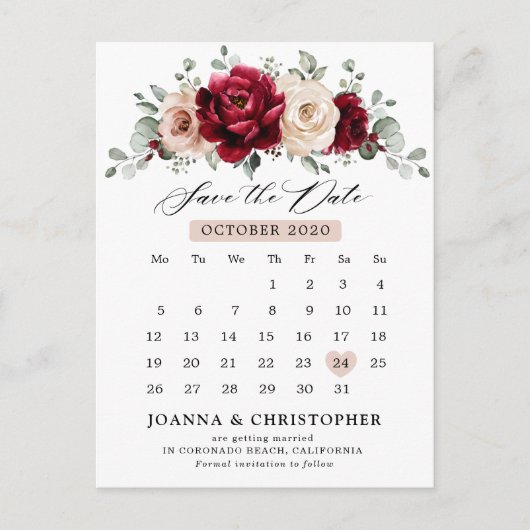 Burgundy Champagne Ivory Mauve Roos Save the Date Briefkaart (Voorkant)