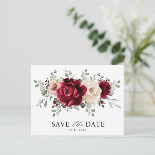 Burgundy Champagne Ivory Mauve Roos Save the Date Briefkaart (Staand voorkant)