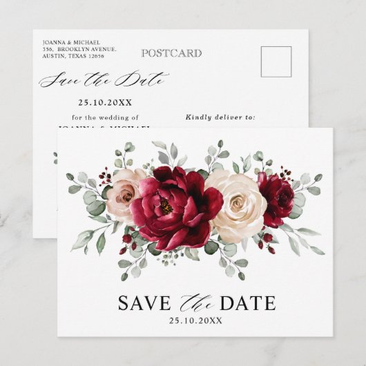Burgundy Champagne Ivory Mauve Roos Save the Date Briefkaart (Voorkant / Achterkant)