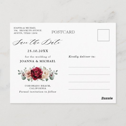 Burgundy Champagne Ivory Mauve Roos Save the Date Briefkaart (Achterkant)