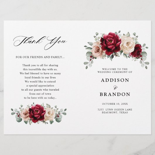 Burgundy Champagne Ivory Mauve Wedding Programme (Voorkant)