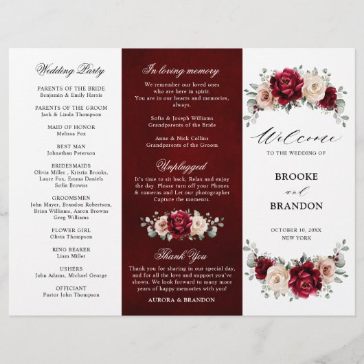 Burgundy Champagne Ivory Mauve Wedding Programme (Voorkant)