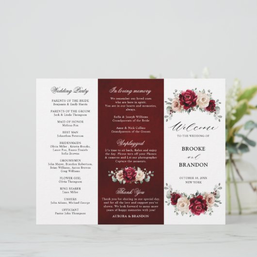 Burgundy Champagne Ivory Mauve Wedding Programme (Staand voorkant)