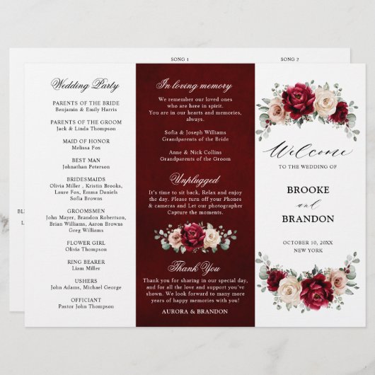 Burgundy Champagne Ivory Mauve Wedding Programme (Voorkant / Achterkant)