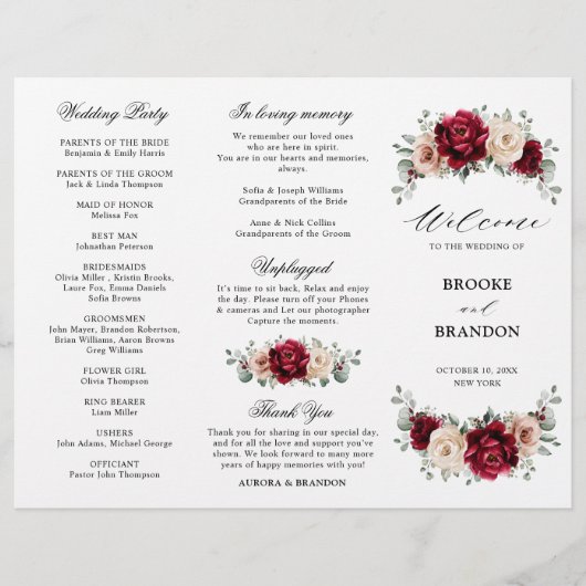 Burgundy Champagne Ivory Mauve Wedding Programme (Voorkant)