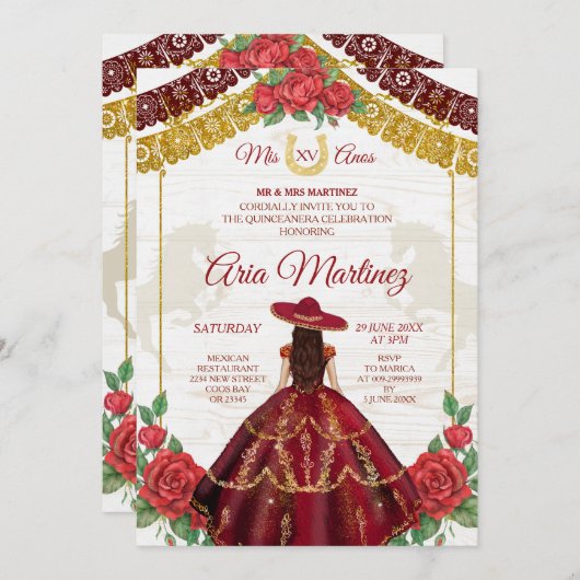 Burgundy Charro Rozen Mis Quince Kaart (Voorkant / Achterkant)