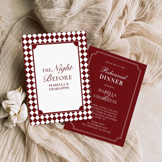 Burgundy Checkered Old Money Rehearsal Dinner Kaart