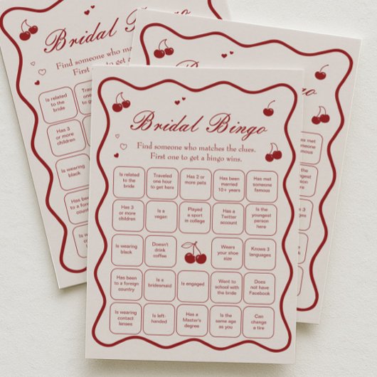 Burgundy Cherry Bridal Shower Bingo Game Card Kaart
