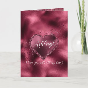 Burgundy Cherry Glitter Sparkle Heart gepersonalis Kaart