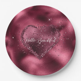 Burgundy Cherry Glitter Sparkle Heart Papieren Bordje