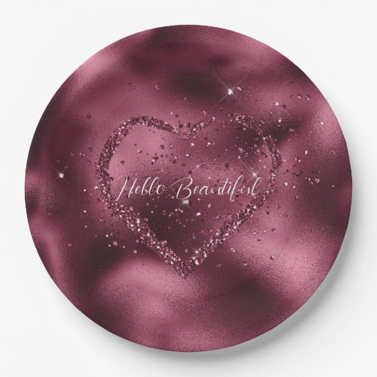 Burgundy Cherry Glitter Sparkle Heart Papieren Bordje (Voorkant)