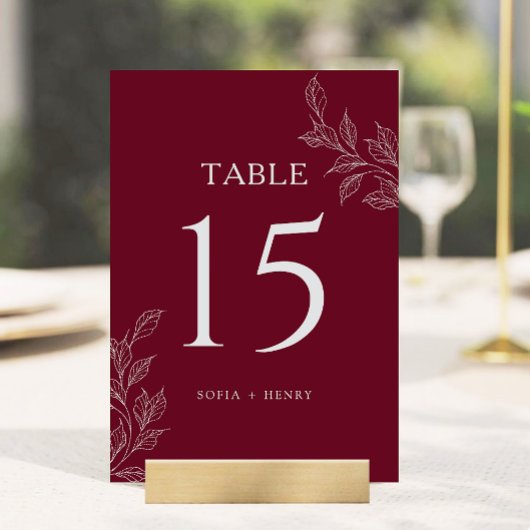 Burgundy Chic Botanical Wedding Table Number Kaart