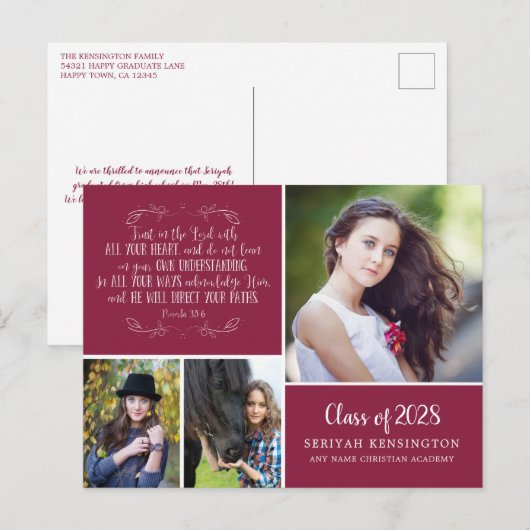 Burgundy Christian Graduation Proverbs 3 Photo Briefkaart (Voorkant / Achterkant)