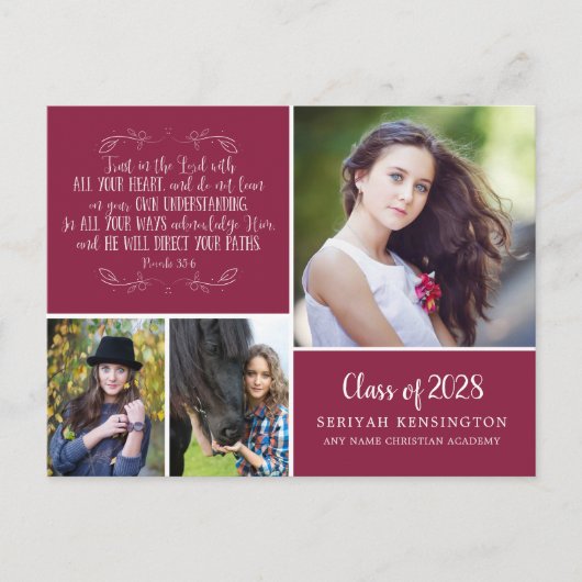 Burgundy Christian Graduation Proverbs 3 Photo Briefkaart (Voorkant)