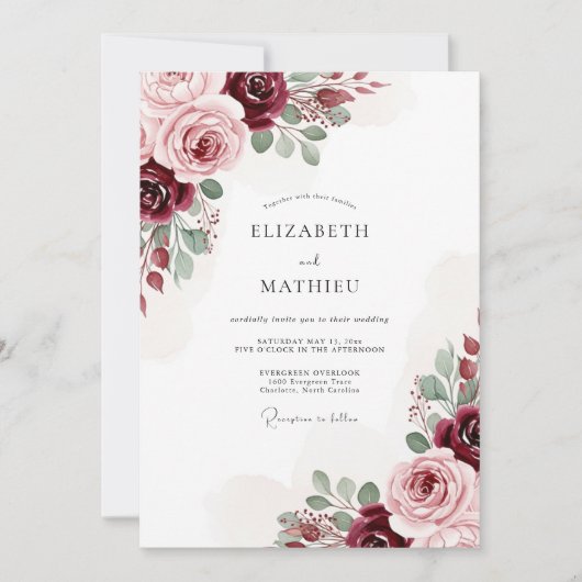 Burgundy Classic Botanical Wedding Kaart (Voorkant)