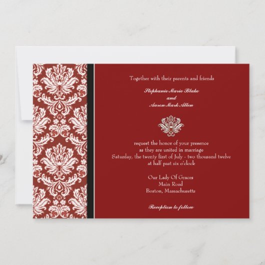 Burgundy Classic Damask Wedding Invitation Kaart (Voorkant)