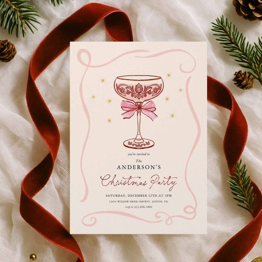 Burgundy Cocktail Christmas Party Invitation Kaart