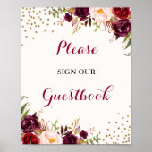 Burgundy Confetti Floral Guestbook Weddenschap Poster (Voorkant)
