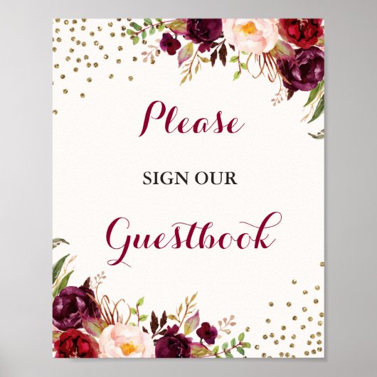 Burgundy Confetti Floral Guestbook Weddenschap Poster (Voorkant)