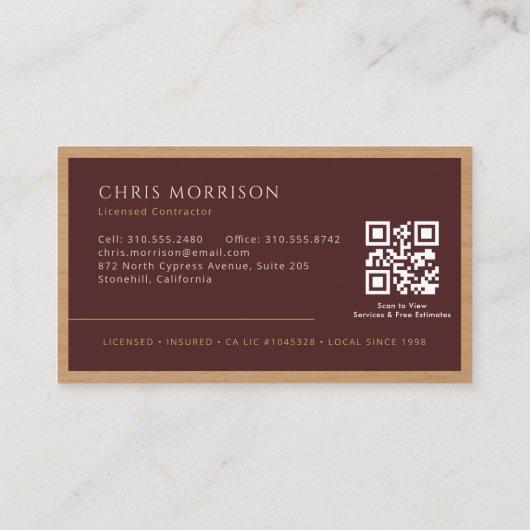 Burgundy Construction Professional Wood QR Code Visitekaartje (Achterkant)