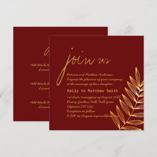 Burgundy Copper Leaf Wedding Invitation Modern Kaart (Voorkant / Achterkant)