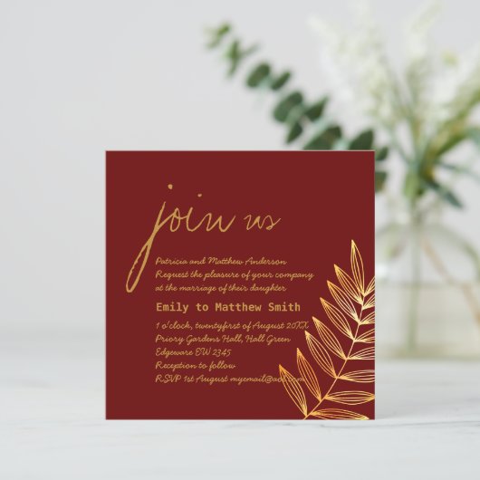 Burgundy Copper Leaf Wedding Invitation Modern Kaart (Staand voorkant)