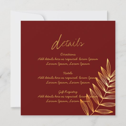 Burgundy Copper Leaf Wedding Invitation Modern Kaart (Achterkant)