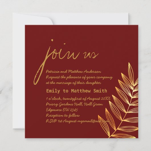 Burgundy Copper Leaf Wedding Invitation Modern Kaart (Voorkant)