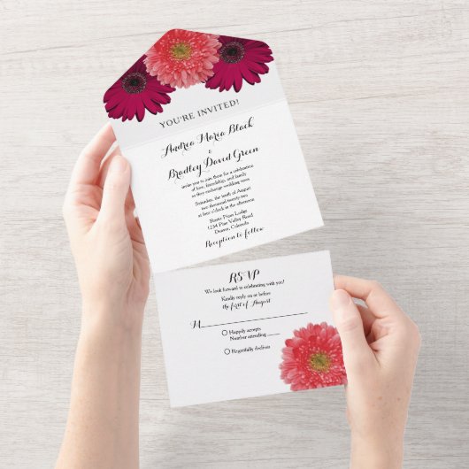 Burgundy Coral Daisy Floral bruiloft RSVP All In One Uitnodiging (Afscheurbaar)