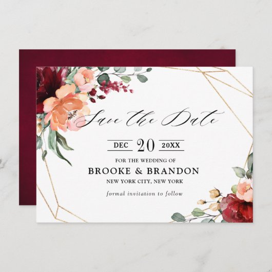 Burgundy Coral Oranje Eucalyptus Save the Date (Voorkant / Achterkant)