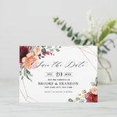 Burgundy Coral Oranje Eucalyptus Save the Date (Staand voorkant)